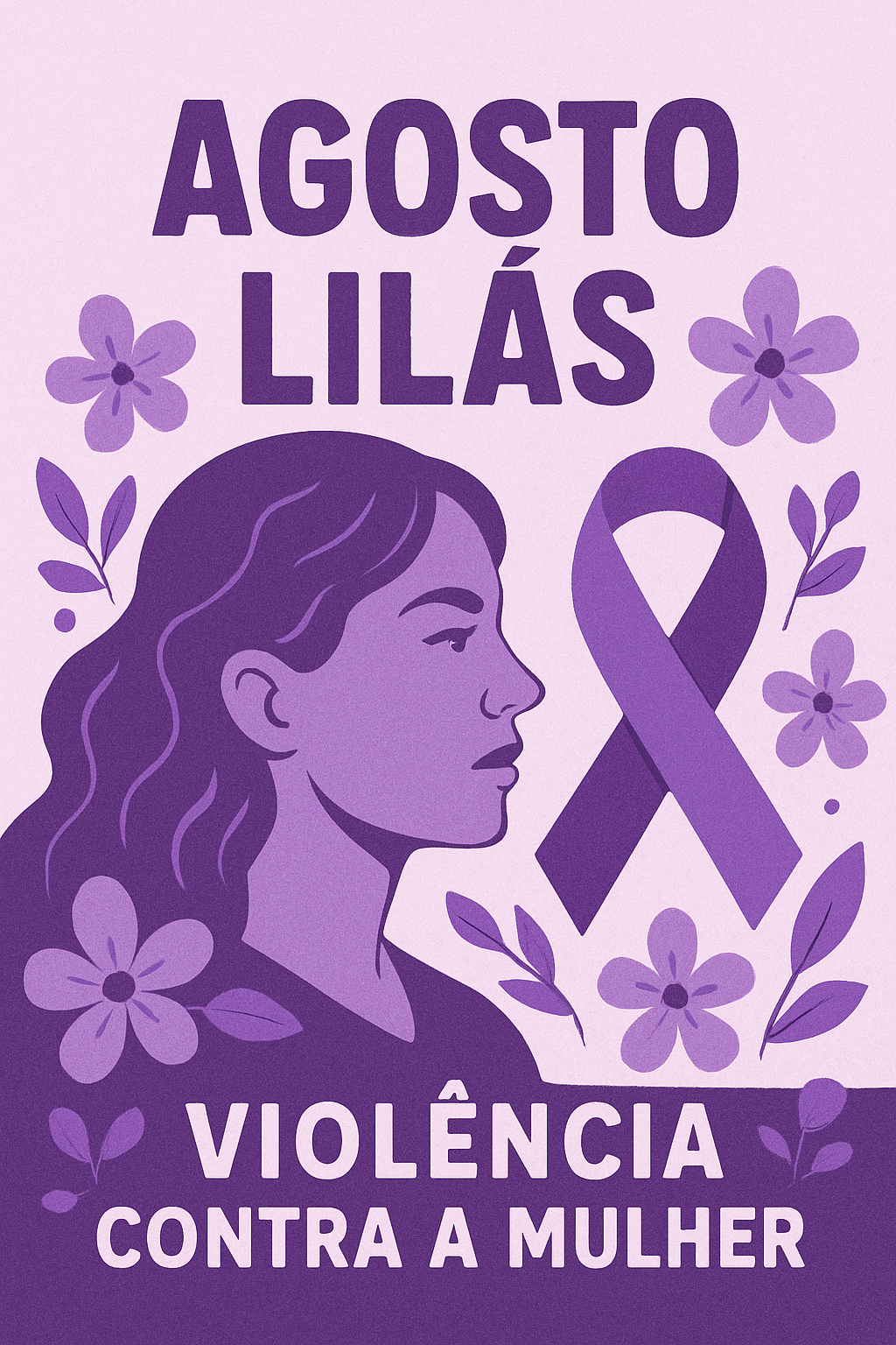 Uma moça de cabelos longos, toda a imagem é na cor lilás e está dizendo Agosto Lilás